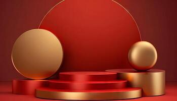 Luxury gold podium 3d stage on red background with golden round presentation product display stand. photo