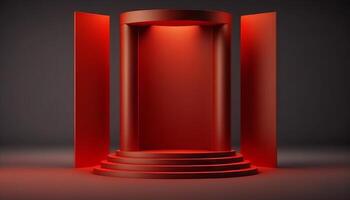 Red product background stand or podium pedestal on empty display with blank backdrops. photo