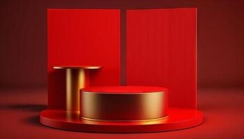 Red product background stand or podium pedestal on empty display with blank backdrops. photo