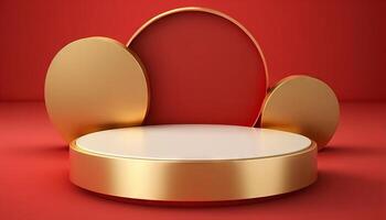 Luxury gold podium 3d stage on red background with golden round presentation product display stand. photo