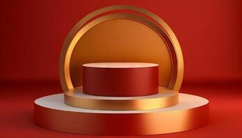 Luxury gold podium 3d stage on red background with golden round presentation product display stand. photo