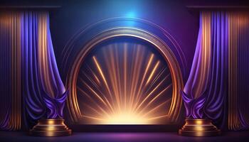 Blue purple Golden Curtain Stage Award Background. Trophy on Red Carpet Luxury Background. photo