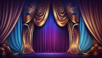 Blue purple Golden Curtain Stage Award Background. Trophy on Red Carpet Luxury Background. photo