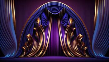 Blue purple Golden Curtain Stage Award Background. Trophy on Red Carpet Luxury Background. photo