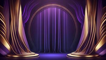 Blue purple Golden Curtain Stage Award Background. Trophy on Red Carpet Luxury Background. photo