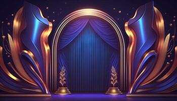 Blue purple Golden Curtain Stage Award Background. Trophy on Red Carpet Luxury Background. photo