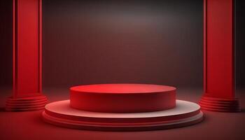 Red product background stand or podium pedestal on empty display with blank backdrops. photo