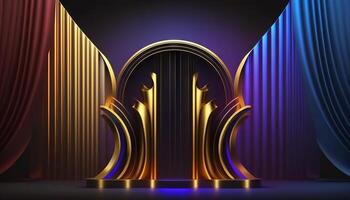 Blue purple Golden Curtain Stage Award Background. Trophy on Red Carpet Luxury Background. photo