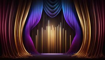 Blue purple Golden Curtain Stage Award Background. Trophy on Red Carpet Luxury Background. photo