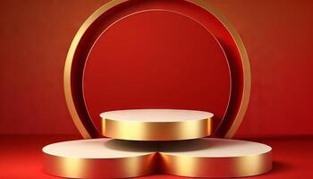 Luxury gold podium 3d stage on red background with golden round presentation product display stand. photo