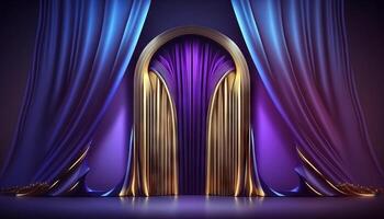 Blue purple Golden Curtain Stage Award Background. Trophy on Red Carpet Luxury Background. photo