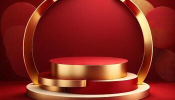 Luxury gold podium 3d stage on red background with golden round presentation product display stand. photo