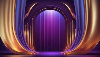 Blue purple Golden Curtain Stage Award Background. Trophy on Red Carpet Luxury Background. photo