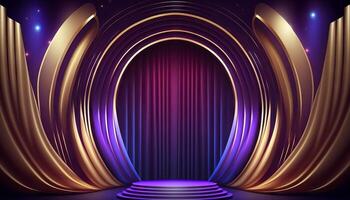 Blue purple Golden Curtain Stage Award Background. Trophy on Red Carpet Luxury Background. photo