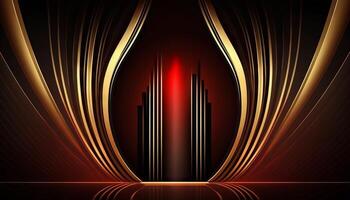 Black Golden Curtain Stage Award Background. Trophy on Red Carpet Luxury Background. photo