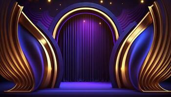 Blue purple Golden Curtain Stage Award Background. Trophy on Red Carpet Luxury Background. photo