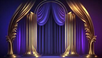 Blue purple Golden Curtain Stage Award Background. Trophy on Red Carpet Luxury Background. photo