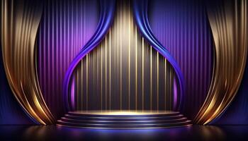 Blue purple Golden Curtain Stage Award Background. Trophy on Red Carpet Luxury Background. photo