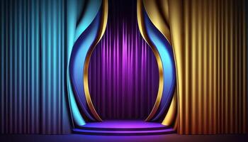 Blue purple Golden Curtain Stage Award Background. Trophy on Red Carpet Luxury Background. photo