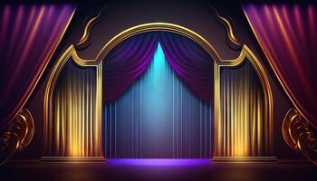 Blue purple Golden Curtain Stage Award Background. Trophy on Red Carpet Luxury Background. photo