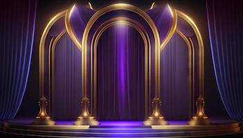 Blue purple Golden Curtain Stage Award Background. Trophy on Red Carpet Luxury Background. photo