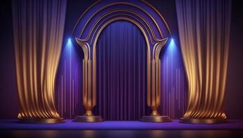 Blue purple Golden Curtain Stage Award Background. Trophy on Red Carpet Luxury Background. photo