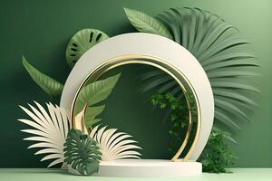 White product podium with green tropical palm leaves photo