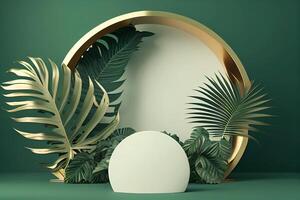 White product podium with green tropical palm leaves photo