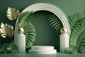 blanco producto podio con verde tropical palma hojas generativo ai foto