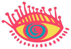 Color sticker of groove psychedelic eye Retro design of hipster icons Doodle style graphic. Vintage trippy cartoon. 60 70 80 90 trendy PNG illustration symbols