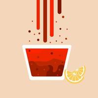 Icon, sticker, illustration. Glass with red cocktail with bubbles and lemon slices on beige background. Summer, cocktail, fruit vector