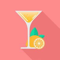 Icon, sticker, illustration. Glass with lemon cocktail with bubbles on blue background. Summer, cocktail, fruit vector