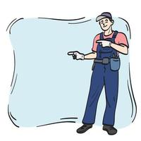 male handyman pointing on blue copy space to present something illustration vector hand drawn isolated on white background line art.
