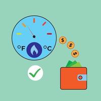 salvar dinero en tu calefacción factura, energía eficiente caldera y monedas que cae en un billetera vector