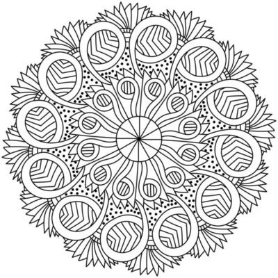 Mandala with striped circles, meditative abstract coloring page