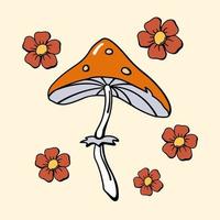 seta venenosa seta y flores 70s retro estilo color vector ilustración diseño elementos. mano dibujado hippie floral impresión con amanita o mosca agárico