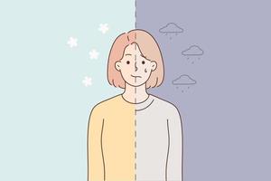 mujer en bueno y malo humor. infeliz hembra llorando sufrir desde depresión versus sonriente disfrutando vida. bipolar trastorno. vector ilustración.