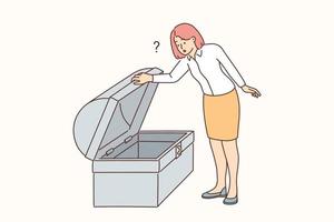 Businesswoman look in empty treasury chest confused with lack of filing. Female employee feel frustrated with emptiness of case or box. Vector illustration.