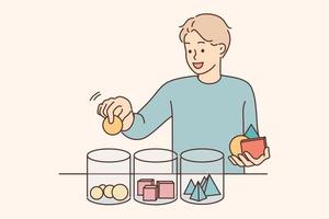 Smiling child sorting geometric figures in different jars. Happy boy involved in logical game with geometrical elements. Vector illustration.