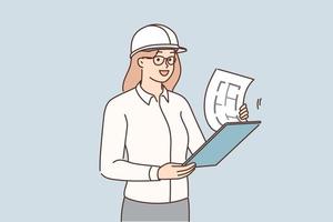 sonriente hembra ingeniero en casco sostener Plano en manos trabajo a construcción sitio. mujer supervisor o arquitecto con papeleo a edificio objeto. vector ilustración.