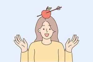 Smiling woman with apple with pierced arrow on head. Happy girl participate in dangerous circus show or entertainment. Vector illustration.