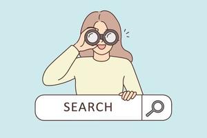 Smiling woman with binoculars searching on web. Happy girl with optical device look for information in internet. Vector illustration.