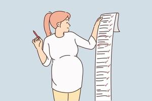 Pregnant woman hold in hands long to do list. Smiling future mother put checks on plan. Planning and time management. Pregnancy problems. Vector illustration.