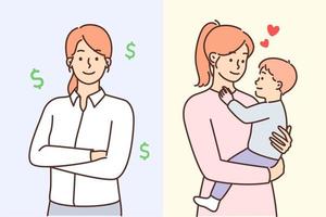 Successful businesswoman standing with arms folded near young loving mother with little baby in arms. Concept balance between family life with raising children and achieving success in career or work vector