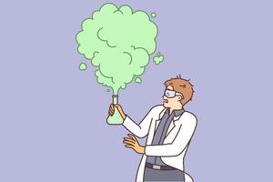 Mad scientist conducts dangerous chemistry experiment with reagents and fails due to explosive chemical reaction. Man in white coat working in chemical laboratory is shocked to see green smoke vector