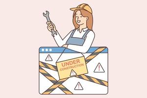 Woman with wrench near under construction sign for 404 page of website or app. Repairman girl reports technical work on website to improve functionality or eliminate hacking attempts vector