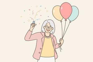Overjoyed elderly woman with balloons in hands celebrate birthday. Smiling aged grandmother enjoy anniversary feel positive and optimistic. Vector illustration.