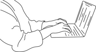Vector line drawing of professional worker hand and laptop and writing work plan for office on laptop on white background