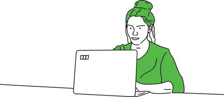 Corporate vector design art of green woman with a laptop working on white background