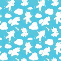 Seamless pattern with cute cartoon curly white clouds and fun unicorns and birds on blue. Vector background.